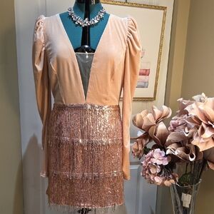 Nwot XL Double Crazy Elegant Peach Sequin Mini Dress With Pull Sleeve